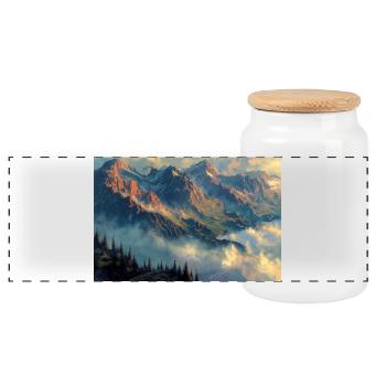 Mountain Landscape Illustration Poster - Panoramic Cookie Jar with Wooden Lid - white - Front
