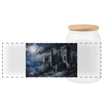 Poster Illustration Medieval Landscape in Ruins - Panoramic Cookie Jar with Wooden Lid - white - Front