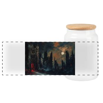 Poster Illustration Medieval Landscape in Ruins - Panoramic Cookie Jar with Wooden Lid - white - Front