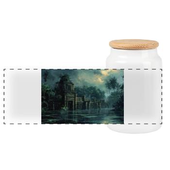 Poster Illustration Ruined jungle landscape - Panoramic Cookie Jar with Wooden Lid - white - Front