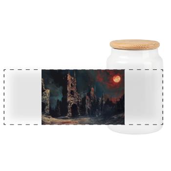 Poster Illustration Medieval Landscape in Ruins - Panoramic Cookie Jar with Wooden Lid - white - Front