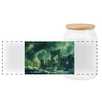 Ruined Landscape Illustration Poster - Panoramic Cookie Jar with Wooden Lid - white - Front