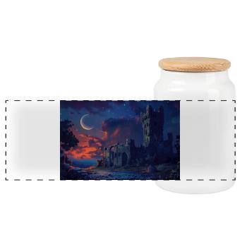 Poster Illustration Mittelalterliche Landschaft in Ruinen - Panorama Keksdose mit Holzdeckel - Weiß - Vorne