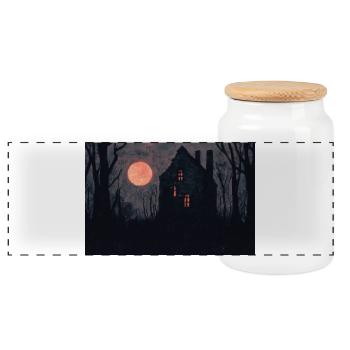 Haunted House Illustration Poster - Panoramic Cookie Jar with Wooden Lid - white - Front