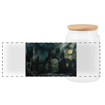 Poster Illustration Medieval Landscape in Ruins - Panoramic Cookie Jar with Wooden Lid - white - Front