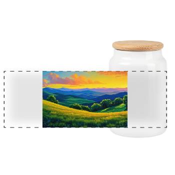 Nature Landscape Illustration Poster - Panoramic Cookie Jar with Wooden Lid - white - Front