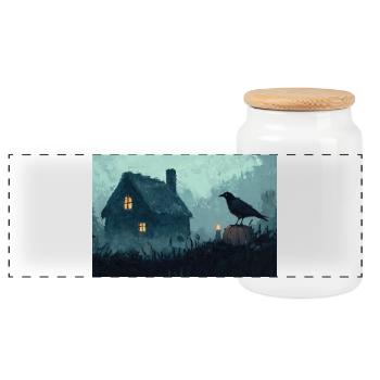 Haunted House Illustration Poster - Panoramic Cookie Jar with Wooden Lid - white - Front