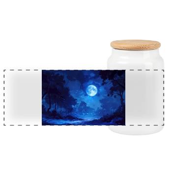 Night Landscape Illustration Poster - Panoramic Cookie Jar with Wooden Lid - white - Front