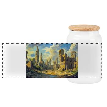 Poster Illustration Medieval Landscape in Ruins - Panoramic Cookie Jar with Wooden Lid - white - Front