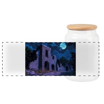 Poster Illustration Medieval Landscape in Ruins - Panoramic Cookie Jar with Wooden Lid - white - Front
