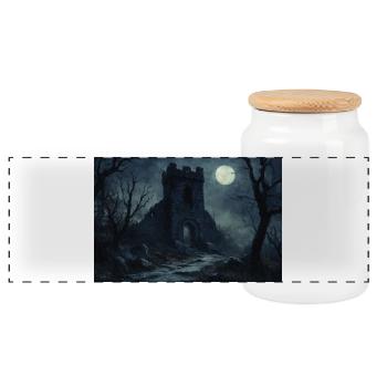 Poster Illustration Medieval Landscape in Ruins - Panoramic Cookie Jar with Wooden Lid - white - Front