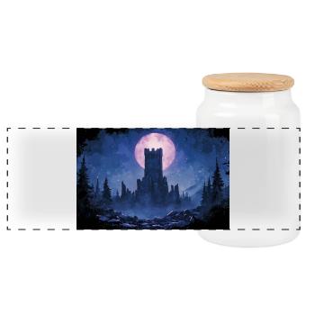 Poster Illustration Medieval Landscape in Ruins - Panoramic Cookie Jar with Wooden Lid - white - Front