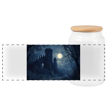 Poster Illustration Medieval Landscape in Ruins - Panoramic Cookie Jar with Wooden Lid - white - Front