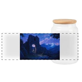 Poster Illustration Medieval Landscape in Ruins - Panoramic Cookie Jar with Wooden Lid - white - Front