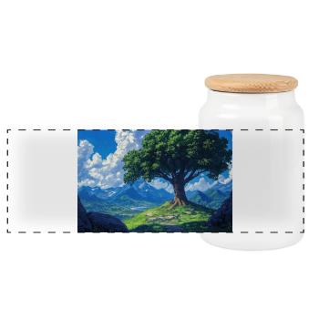 Nature Landscape Illustration Poster - Panoramic Cookie Jar with Wooden Lid - white - Front