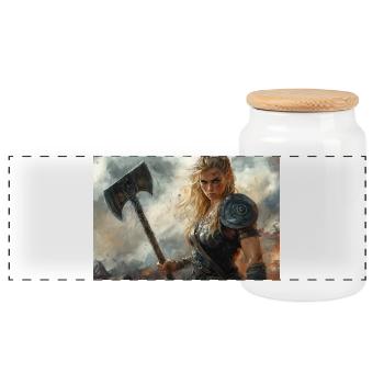 Viking Woman Illustration Poster - Panoramic Cookie Jar with Wooden Lid - white - Front