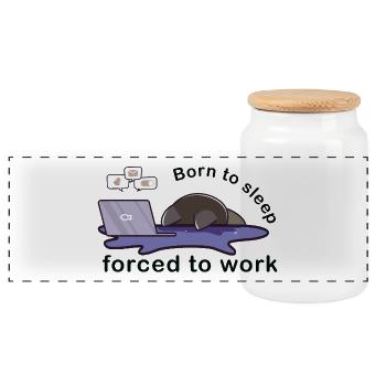 born to sleep forced to work cute cat working - Panoramic Cookie Jar with Wooden Lid - white - Front