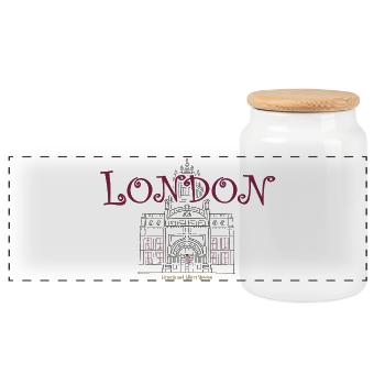 London, Kensington, Museum of Art, Hand Drawing - Panoramic Cookie Jar with Wooden Lid - white - Front