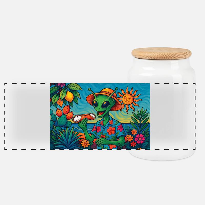 Alien in Sicily with Cannolo Funny Pop Art - Panoramic Cookie Jar with Wooden Lid - white