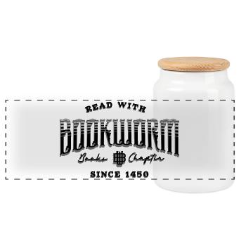 Bookworm T-Shirt – Read With Bookworm – Bücherwurm - Panoramic Cookie Jar with Wooden Lid - white - Front