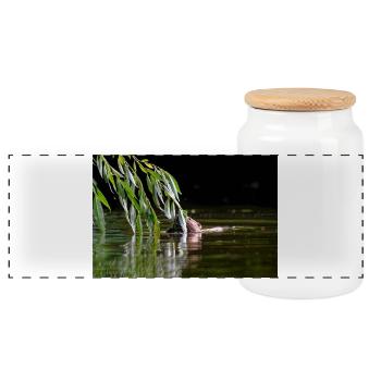 000_1106_DxO - Wild Beaver Eating Willow Leaves - Panoramic Cookie Jar with Wooden Lid - white - Front