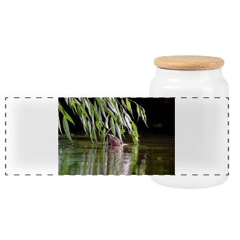 000_0762_DxO - Beaver Feeding on Willow Branches - Panoramic Cookie Jar with Wooden Lid - white - Front