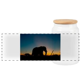 Silhouettenfoto eines Elefanten während der Goldenen Stunde - Panorama Keksdose mit Holzdeckel - Weiß - Vorne