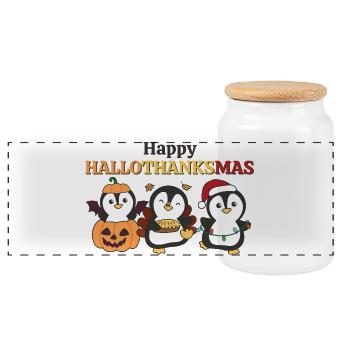 Happy Hallothanksmas Penguin Christmas Penguins - Panoramic Cookie Jar with Wooden Lid - white - Front