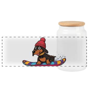 Snowboard teckel en hiver - Boîte à biscuits avec couvercle en bois - blanc - Devant
