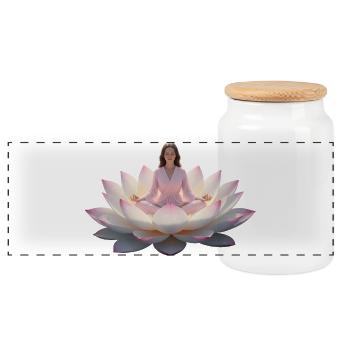 Woman meditating on open lotus flower - Panoramic Cookie Jar with Wooden Lid - white - Front