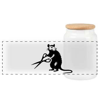 Ratte mit Schere im Streetart Stencil Stil - Panorama Keksdose mit Holzdeckel - Weiß - Vorne