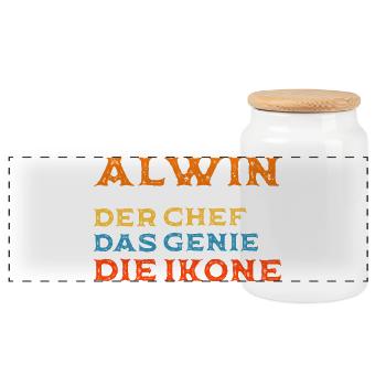 Alwin Vorname - Personalisiert Chef Ikone - Panorama Keksdose mit Holzdeckel - Weiß - Vorne