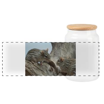 Two small rodents with striped fur face - Panoramic Cookie Jar with Wooden Lid - white - Front