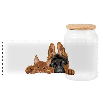 Cute German Shepherd puppy dog and ginger cat - Panoramic Cookie Jar with Wooden Lid - white - Front