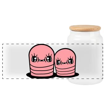 2 Worms Couple Friends Peeping Holes in the Ground Happy - Panoramic Cookie Jar with Wooden Lid - white - Front