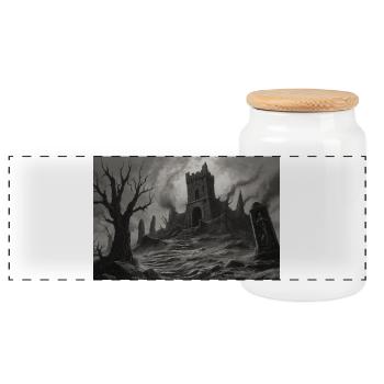 Landscape of a ruined medieval castle - Panoramic Cookie Jar with Wooden Lid - white - Front