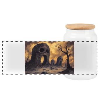 Dark fantasy horror illustration - Panoramic Cookie Jar with Wooden Lid - white - Front