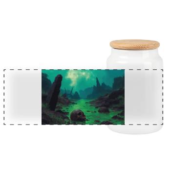 Dark fantasy horror illustration - Panoramic Cookie Jar with Wooden Lid - white - Front