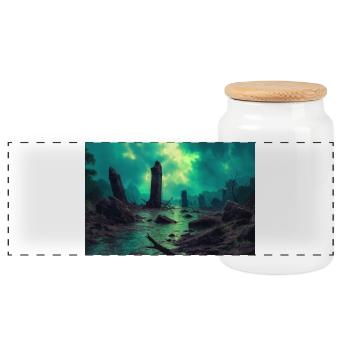 Dark fantasy illustration - Panoramic Cookie Jar with Wooden Lid - white - Front
