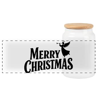 Classic Merry Christmas lettering with angel - Panoramic Cookie Jar with Wooden Lid - white - Front