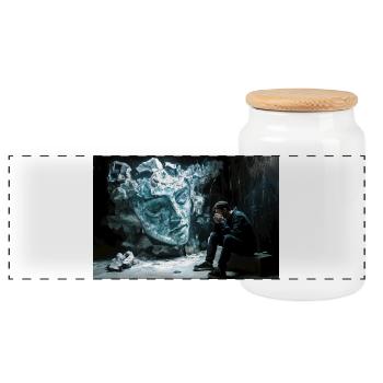 Broken statue, pensive man - Panoramic Cookie Jar with Wooden Lid - white - Front