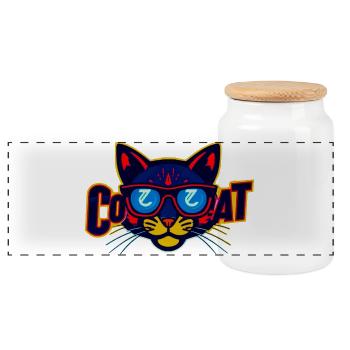 Logo de chat néon avec lunettes de soleil - Boîte à biscuits avec couvercle en bois - blanc - Devant