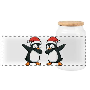 Zwei Pinguine dabben im Weihnachtslook - Panorama Keksdose mit Holzdeckel - Weiß - Vorne