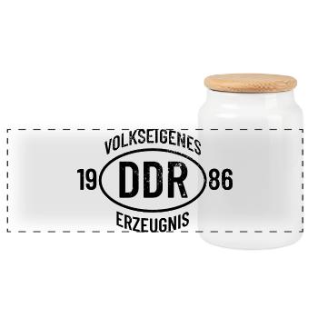 DDR Geburtstag Shirt, Hoodie, Tasse Jahrgang 1986 - Panorama Keksdose mit Holzdeckel - Weiß - Vorne