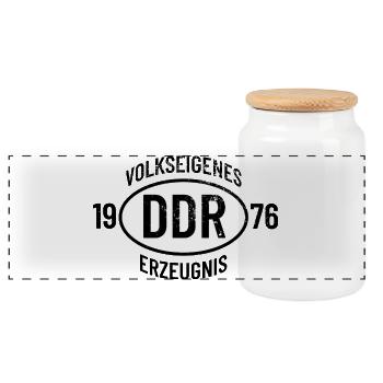 DDR Geburtstag Shirt, Hoodie, Tasse Jahrgang 1976 - Panorama Keksdose mit Holzdeckel - Weiß - Vorne