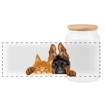 Cute German Shepherd puppy dog and Maine Coon cat - Panoramic Cookie Jar with Wooden Lid - white - Front
