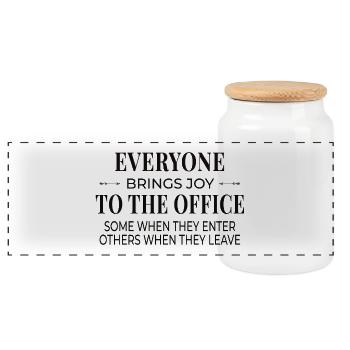 Office Humor – Joy In & Out - Panoramic Cookie Jar with Wooden Lid - white - Front