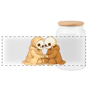 Cozy Skeleton Couple – Closeness in Quiet Moments - Panoramic Cookie Jar with Wooden Lid - white - Front
