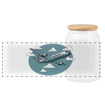 Aviation Cartoon in Blue Sky - Panoramic Cookie Jar with Wooden Lid - white - Front