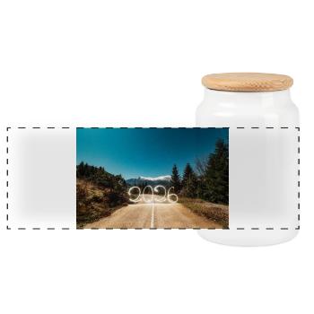Year 2026 Light Painted with snowy mountains - Panoramic Cookie Jar with Wooden Lid - white - Front